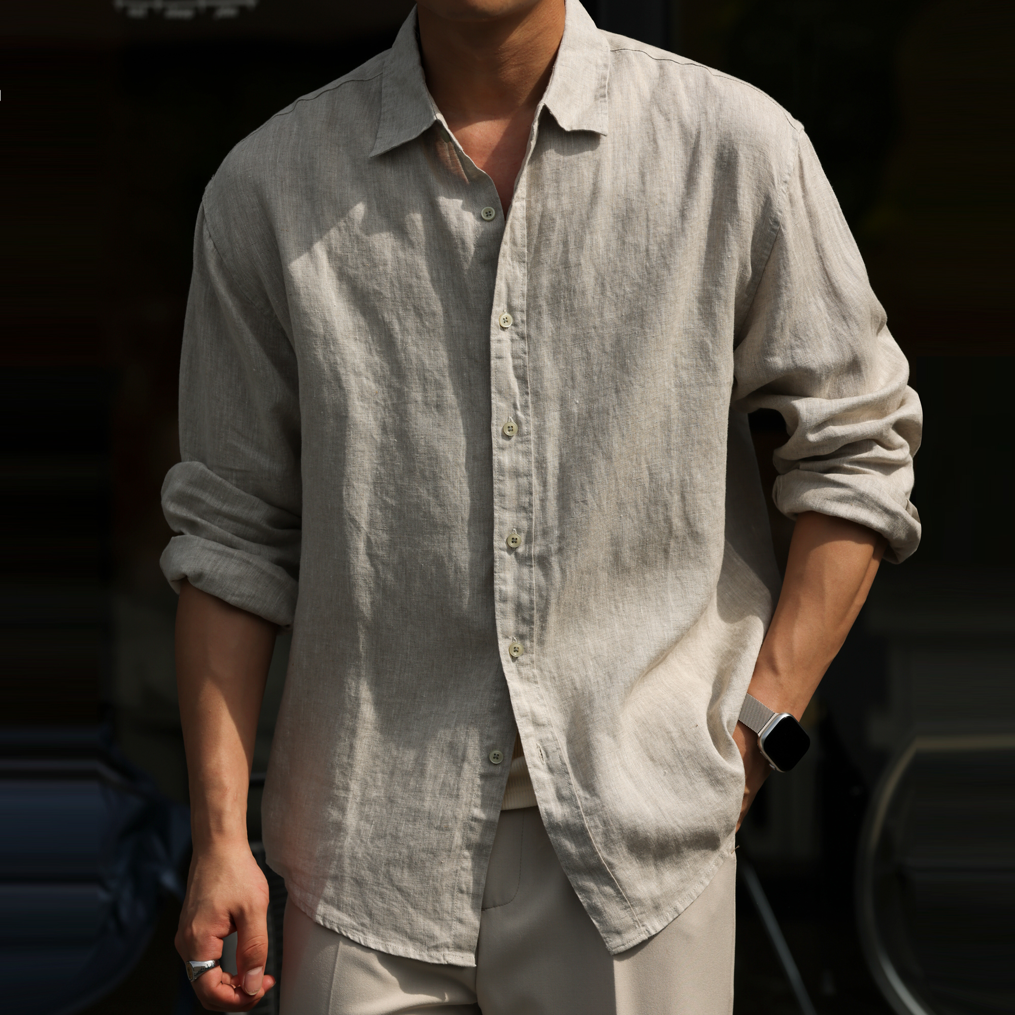 美式休閒100%亞麻長袖襯衫男透氣鬆弛感老錢襯衣外套秋