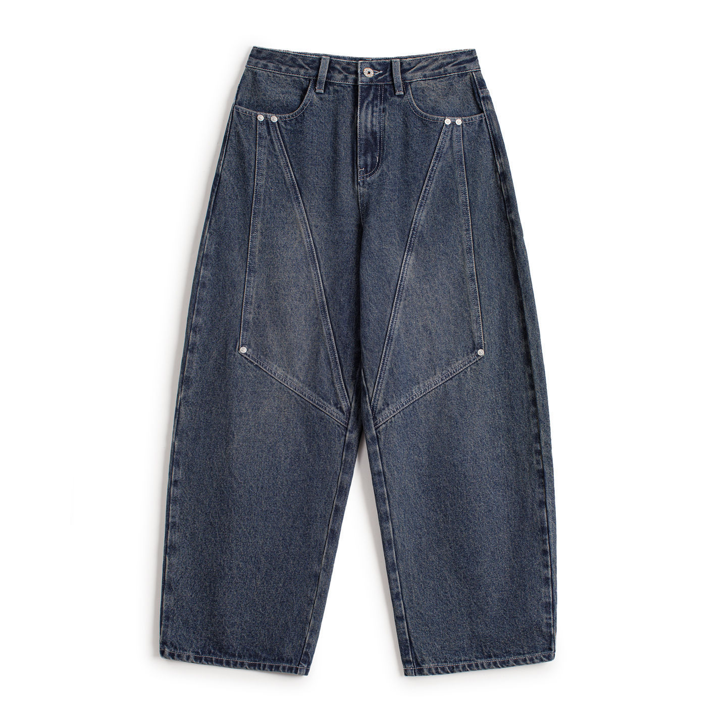 美式復古水洗拼接寬鬆闊腿顯瘦香蕉鐮彎刀工裝牛仔褲子女士秋