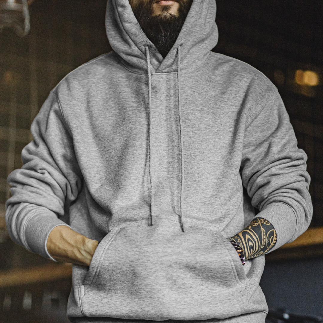 美式灰色洛奇連帽衛衣加絨寬鬆重磅疊穿套頭帽衫外套男秋