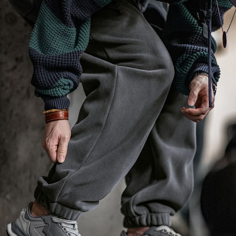 美式雙面搖粒絨束脚衛褲加絨保暖運動休閒直筒長褲男秋冬-Retro's Wear