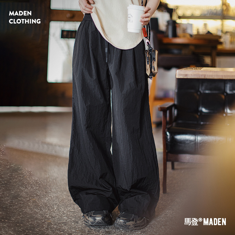 夏新黑色鬆弛感休閒褲寬鬆工裝褲闊腿顯瘦抽繩束脚長褲女