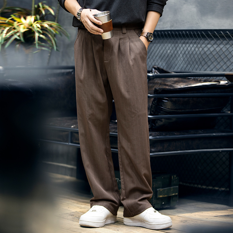 美式細條紋垂感休閒褲男2025秋季寬鬆大碼直筒長褲男士高級感西褲