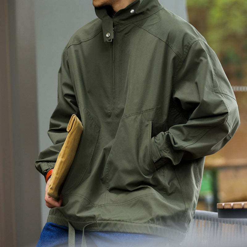 日系復古半拉鍊立領休閒工裝外套男士衝鋒衣美式戶外夾克秋-Retro's Wear