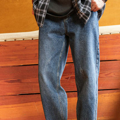 美式復古12.8盎司水洗藍牛仔褲男猫須磨破寬鬆直筒休閒長褲-Retro's Wear