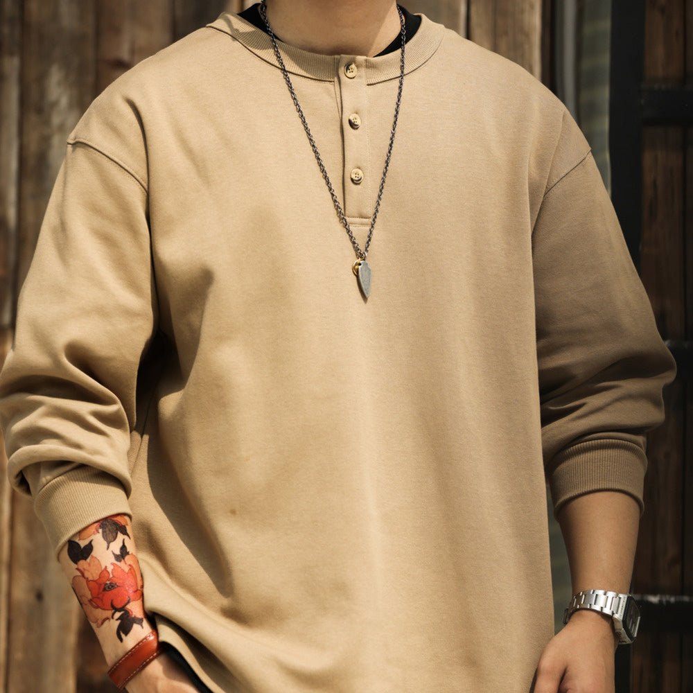 美式休閒320g重磅長袖亨利衫男寬鬆復古硬漢套頭打底衛衣TEE-Retro's Wear