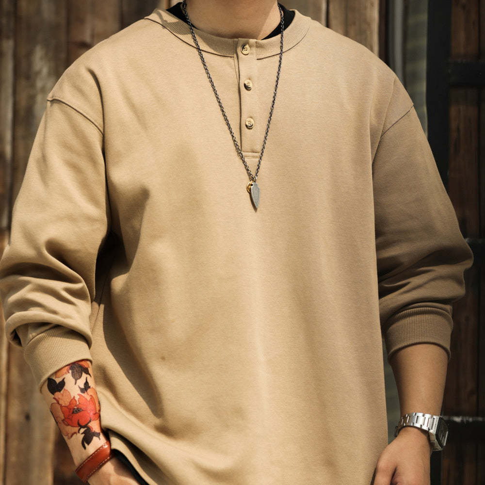 美式休閒320g重磅長袖亨利衫男寬鬆復古硬漢套頭打底衛衣TEE-Retro's Wear