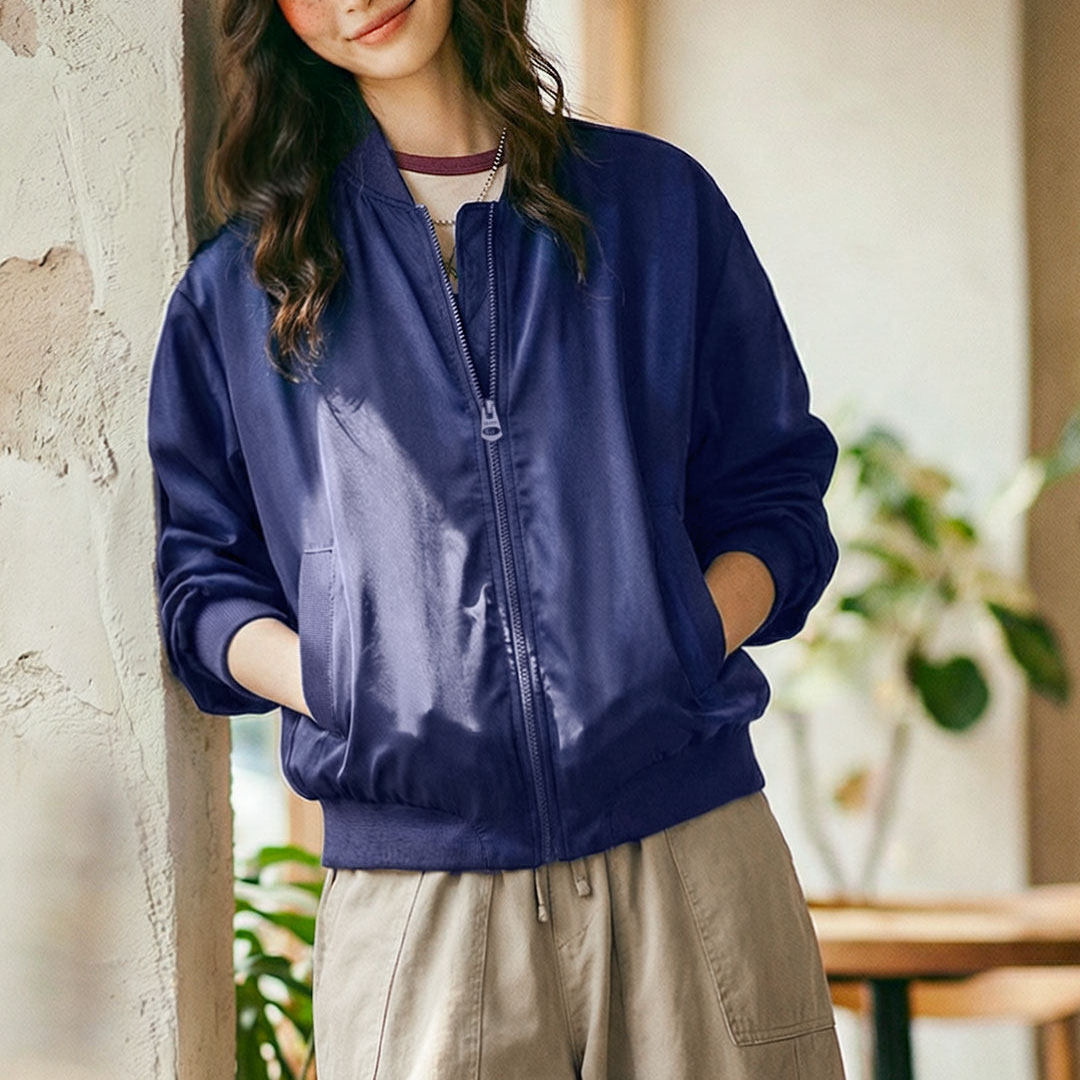 深藍色美式復古輕薄款飛行員夾克棒球立領休閒工裝外套女士春