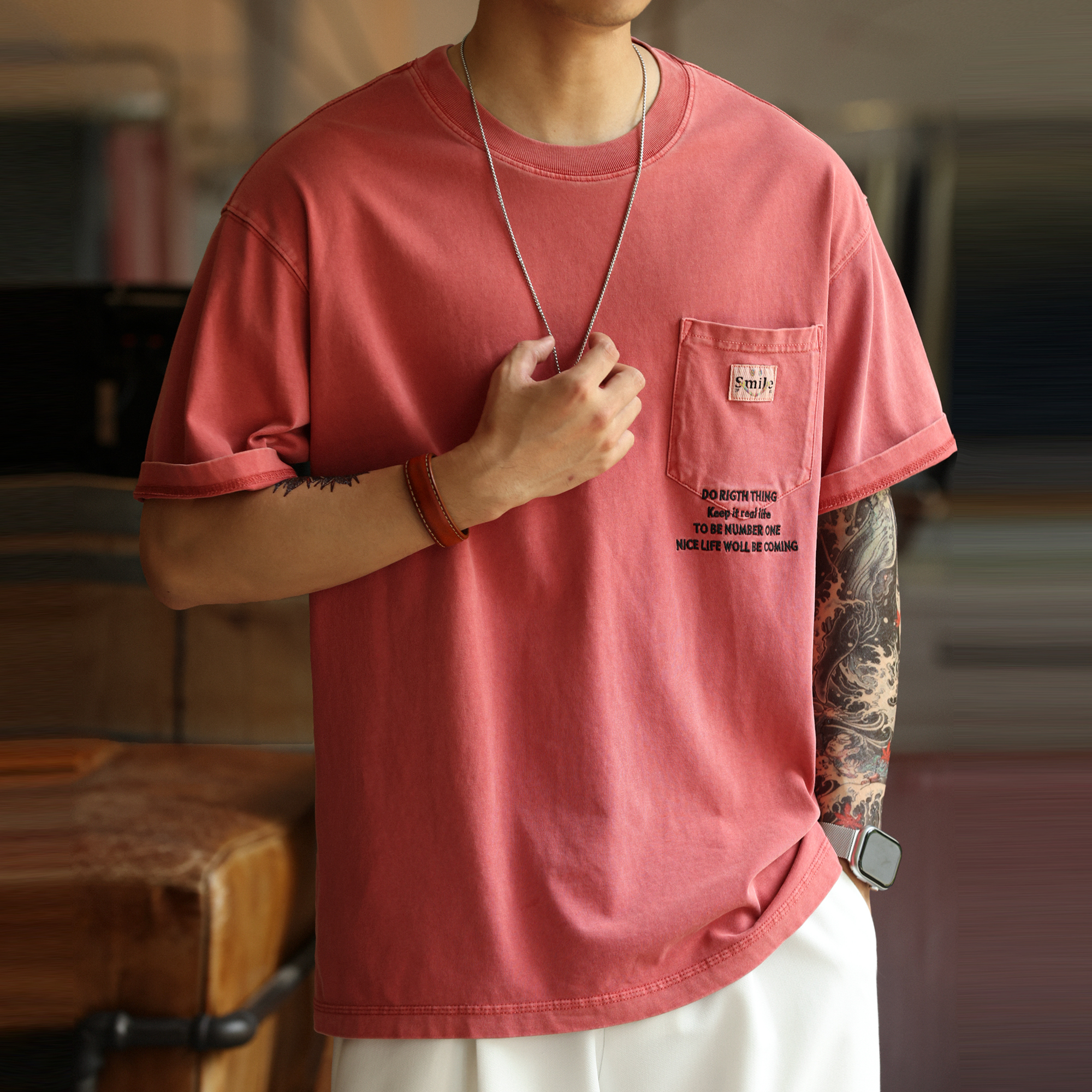 美式復古重磅水洗做舊T恤男260g純棉口袋刺繡短袖打底衫
