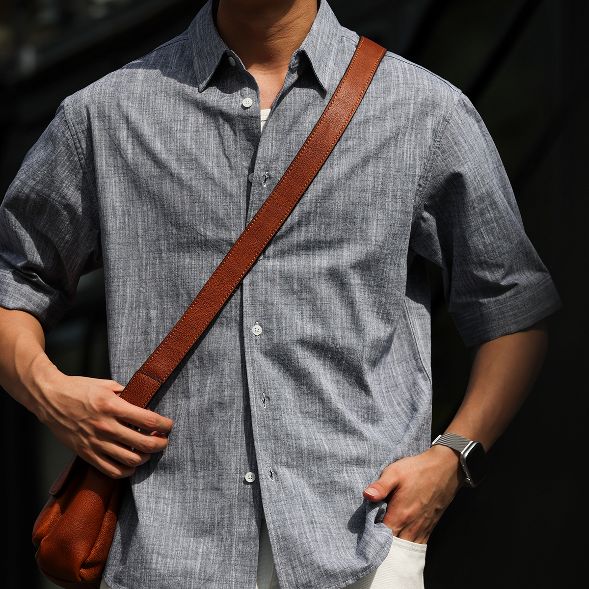 美式復古160g竹節麻感中袖襯衣男抗皺免燙休閒短袖襯衫