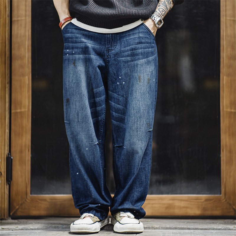 美式復古做舊磨白猫須牛仔褲寬鬆水洗丹寧潑墨直筒褲男秋-Retro's Wear