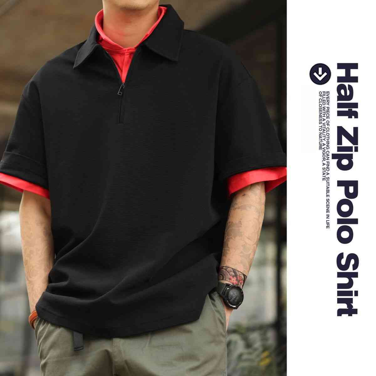 美式休閒半拉鍊翻領POLO衫男260g重磅肌理感寬鬆短袖T恤