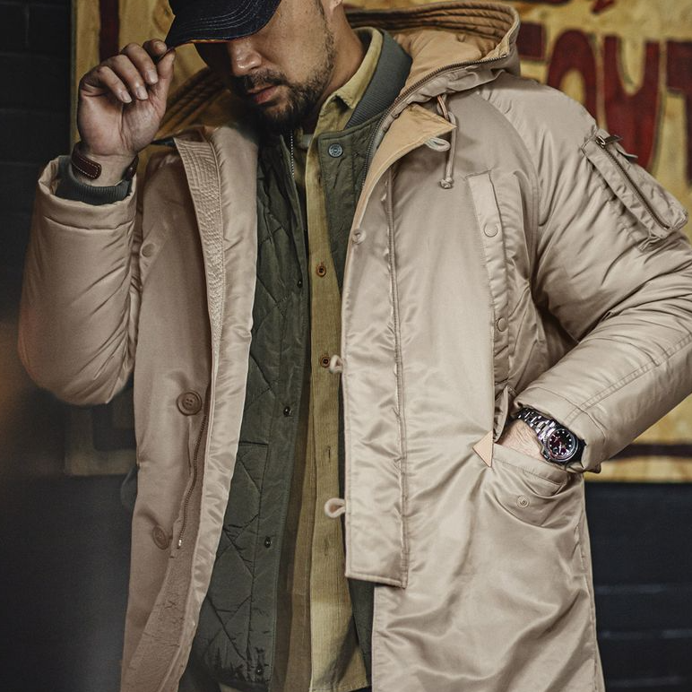 美式N3B飛行員夾克棉服軍事風加厚中長款連帽外套男秋冬-Retro's Wear