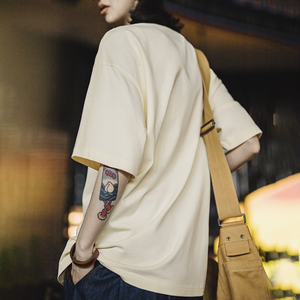 2025新純棉親膚短袖寬鬆落肩上衣吸濕純色T恤七分袖圓領衫女