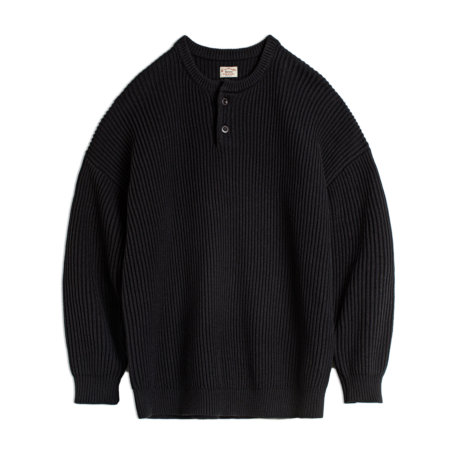 美式重磅亨利領毛衣黑色外穿高克重垂感通勤套頭寬鬆男冬