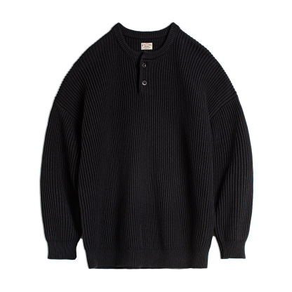 美式重磅亨利領毛衣黑色外穿高克重垂感通勤套頭寬鬆男冬