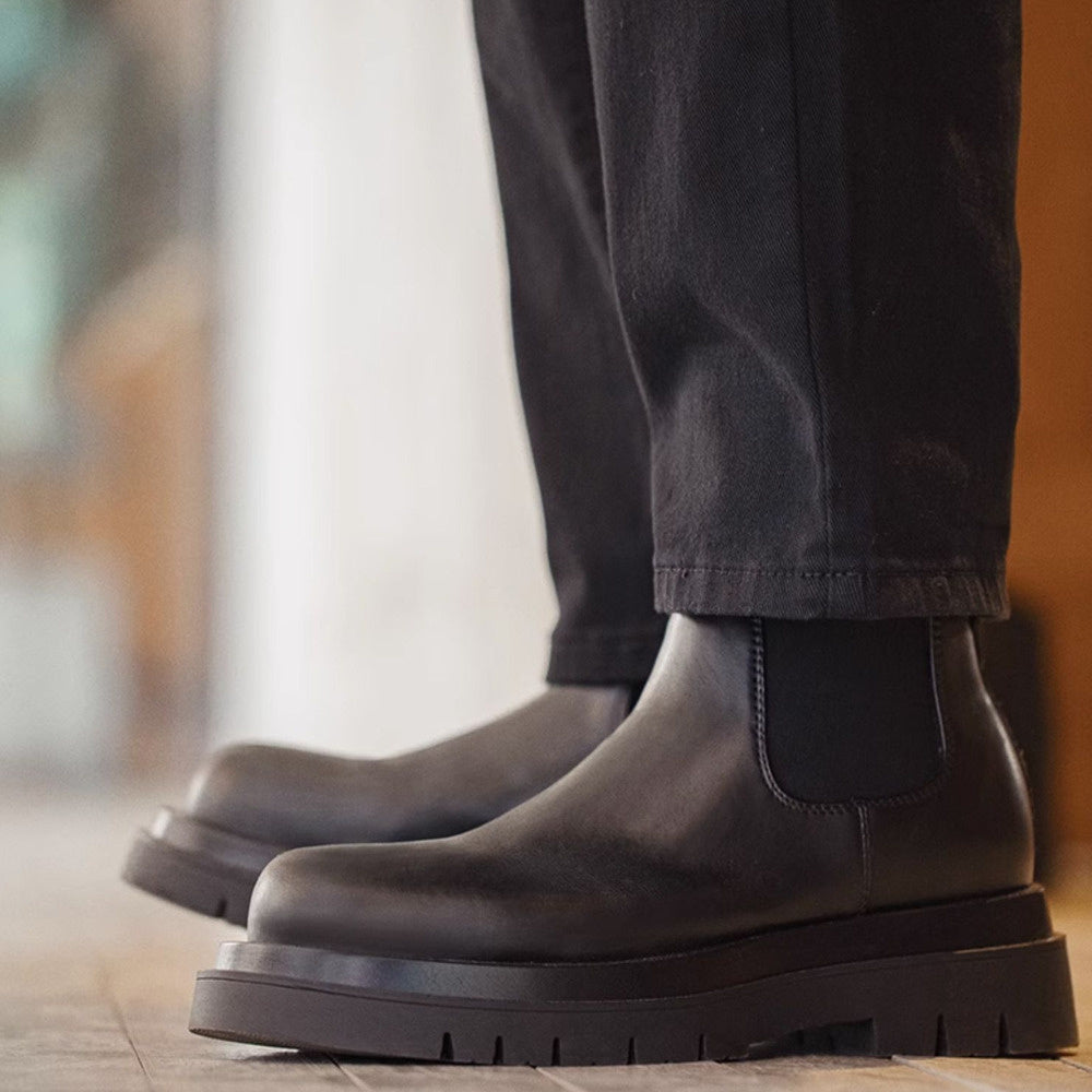 切爾西靴男款夏季一脚蹬厚底休閒黑色真皮短靴子方頭馬丁靴-Retro's Wear