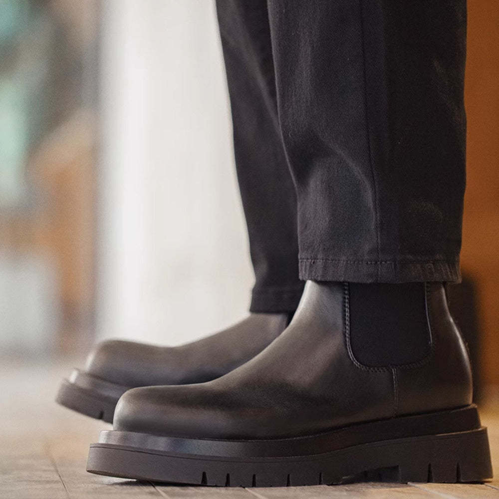 切爾西靴男款夏季一脚蹬厚底休閒黑色真皮短靴子方頭馬丁靴-Retro's Wear