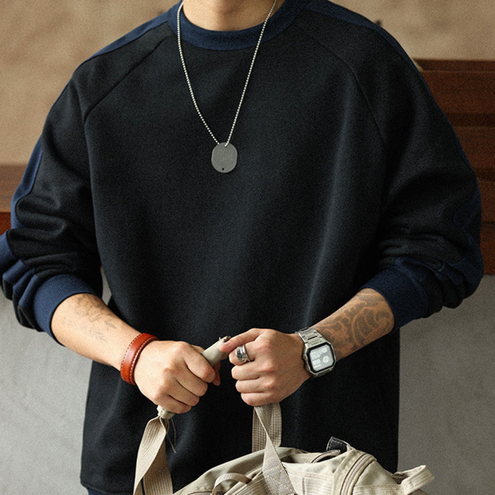 羅紋撞色拼接套頭衛衣男款秋冬480G重磅純棉毛圈休閒外套上衣-Retro's Wear