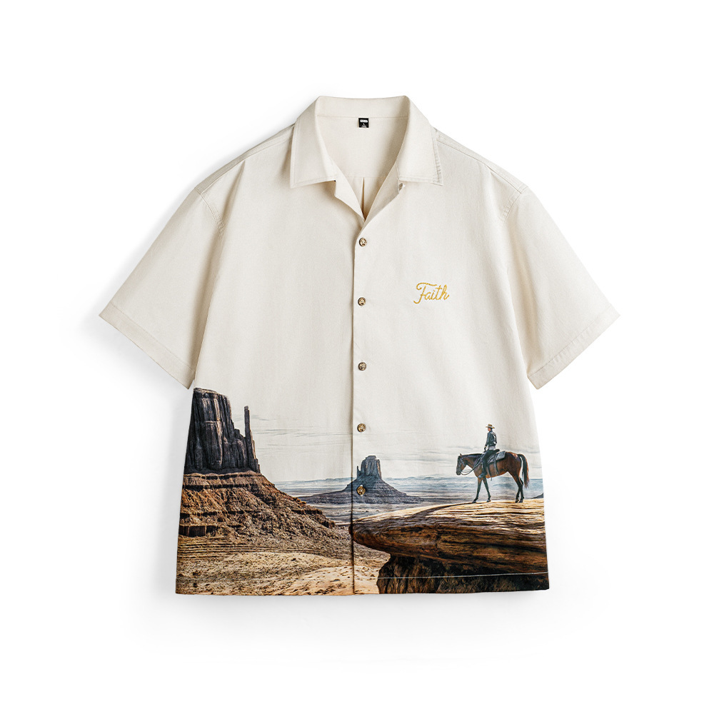 美式復古紀念碑穀古巴領襯衫短袖印花vintage襯衣男春夏