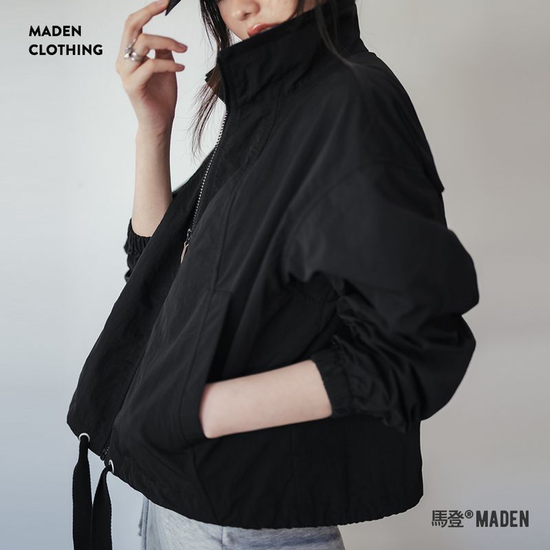 美式復古抽繩夾克翻領可收腰工裝外套小個子寬鬆上衣春秋季女-Retro's Wear