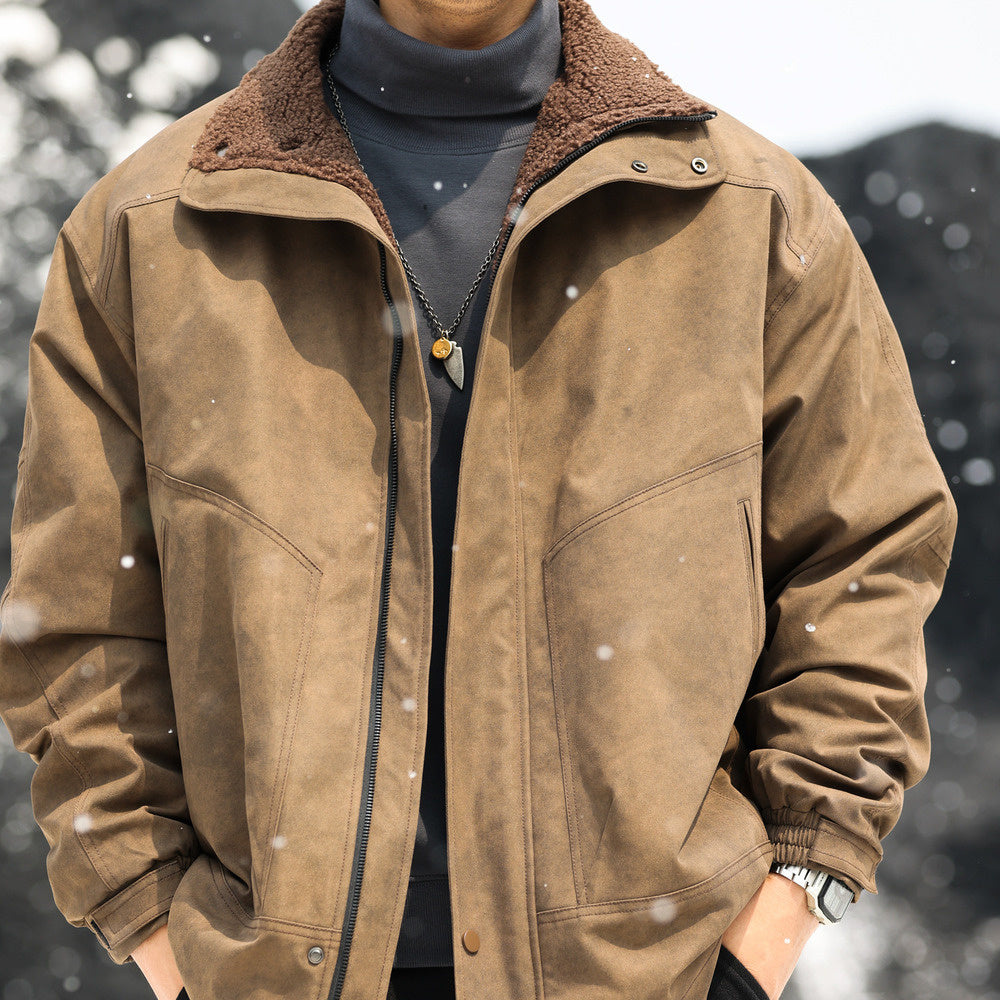 美式復古加棉羊羔絨夾克外套男麂皮絨拼接立領高級感棉服