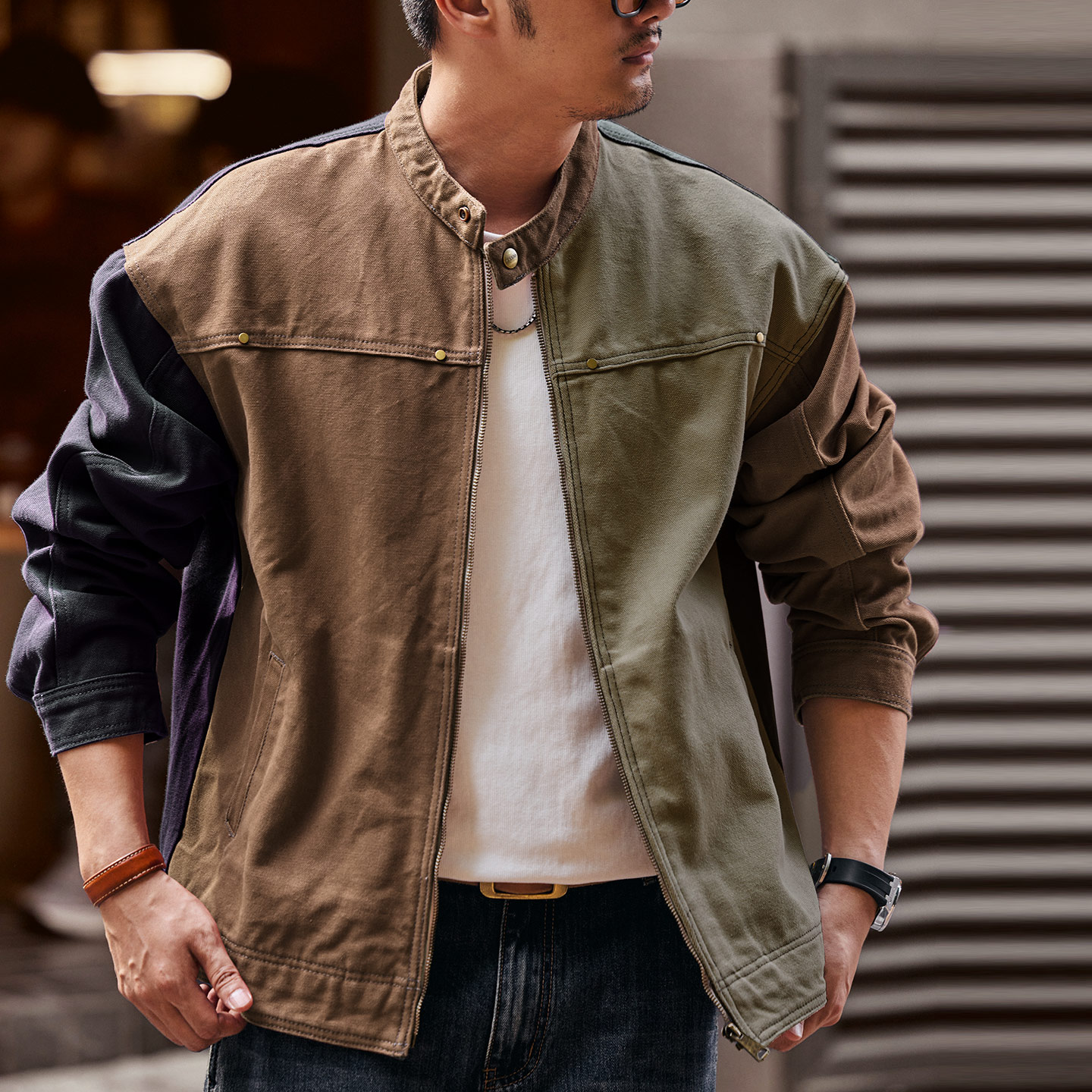 美式撞色哈靈頓拼色工裝夾克外套男款2025秋季重磅休閒獵裝