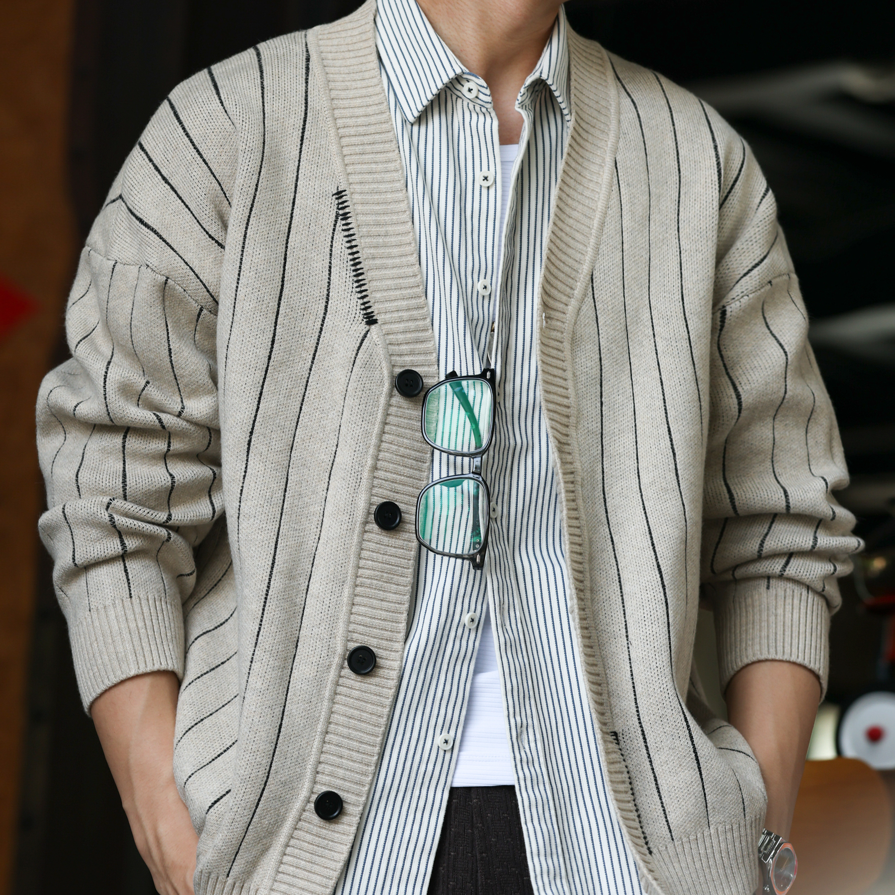 美式復古學院風條紋開衫毛衣男休閒慵懶風V領針織外套