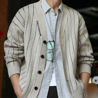 美式復古學院風條紋開衫毛衣男休閒慵懶風V領針織外套