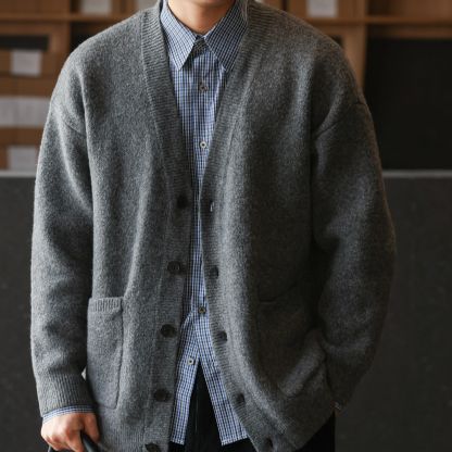 美式復古750g重磅V領開衫毛衣男疊穿外搭學院風針織衫冬