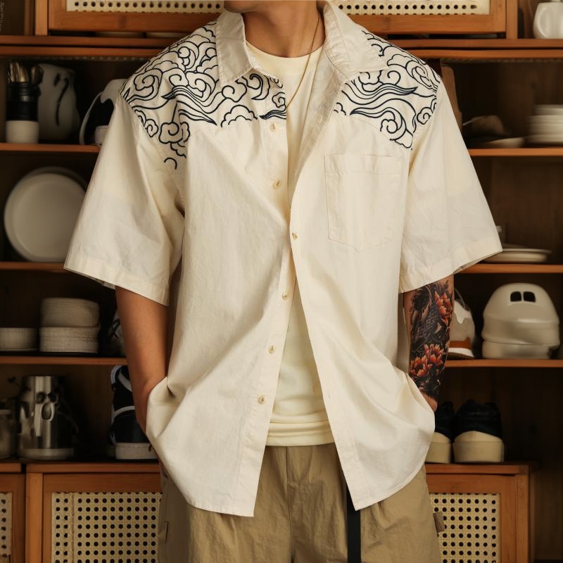 美式輕復古雲紋刺繡短袖襯衫男32支純棉休閒親膚襯衣夏
