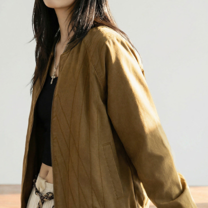 美式巴恩风棕色飞行棒球服领正肩工装夹克短款外套上衣女士春