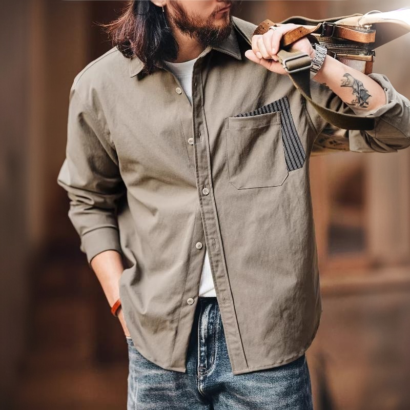 美式復古設計感撞色口袋拼接長袖襯衫男春秋季工裝襯衣外套