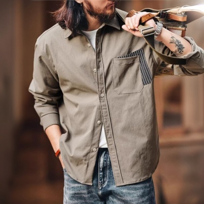 美式復古設計感撞色口袋拼接長袖襯衫男春秋季工裝襯衣外套