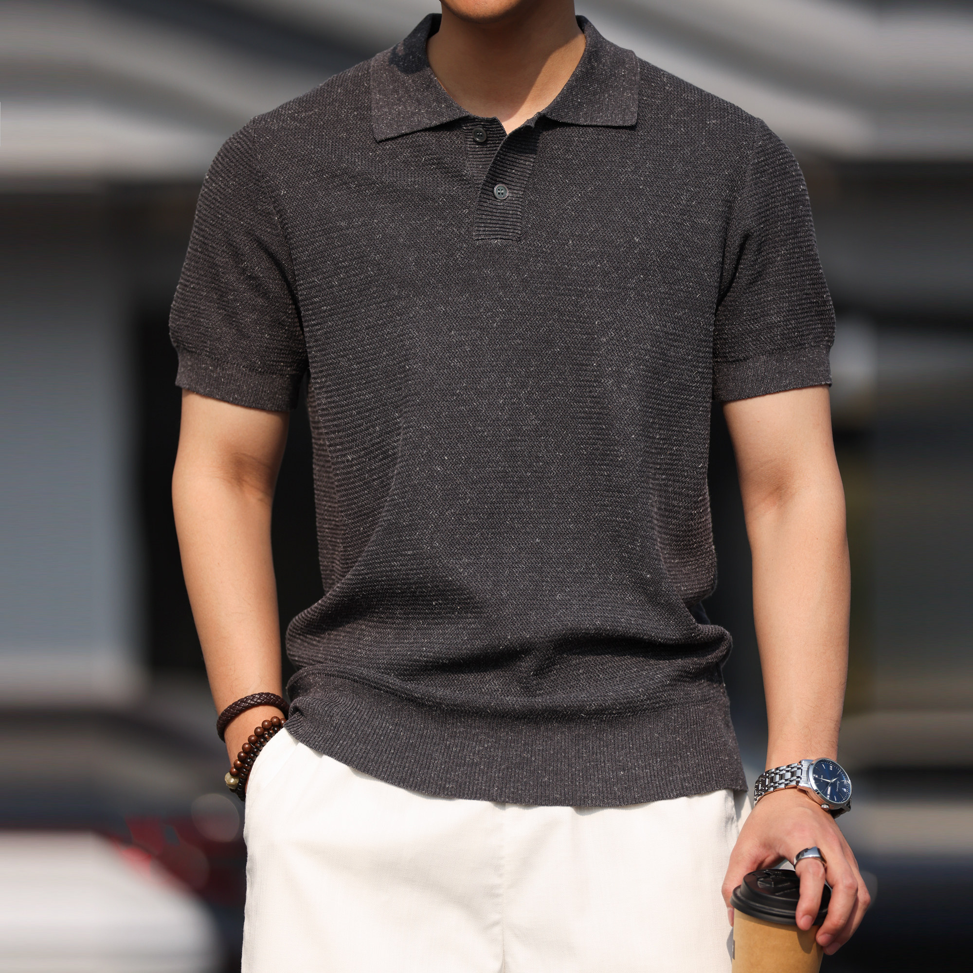 天絲亞麻短袖POLO衫男基礎款透氣休閒萊賽爾針織翻領T恤