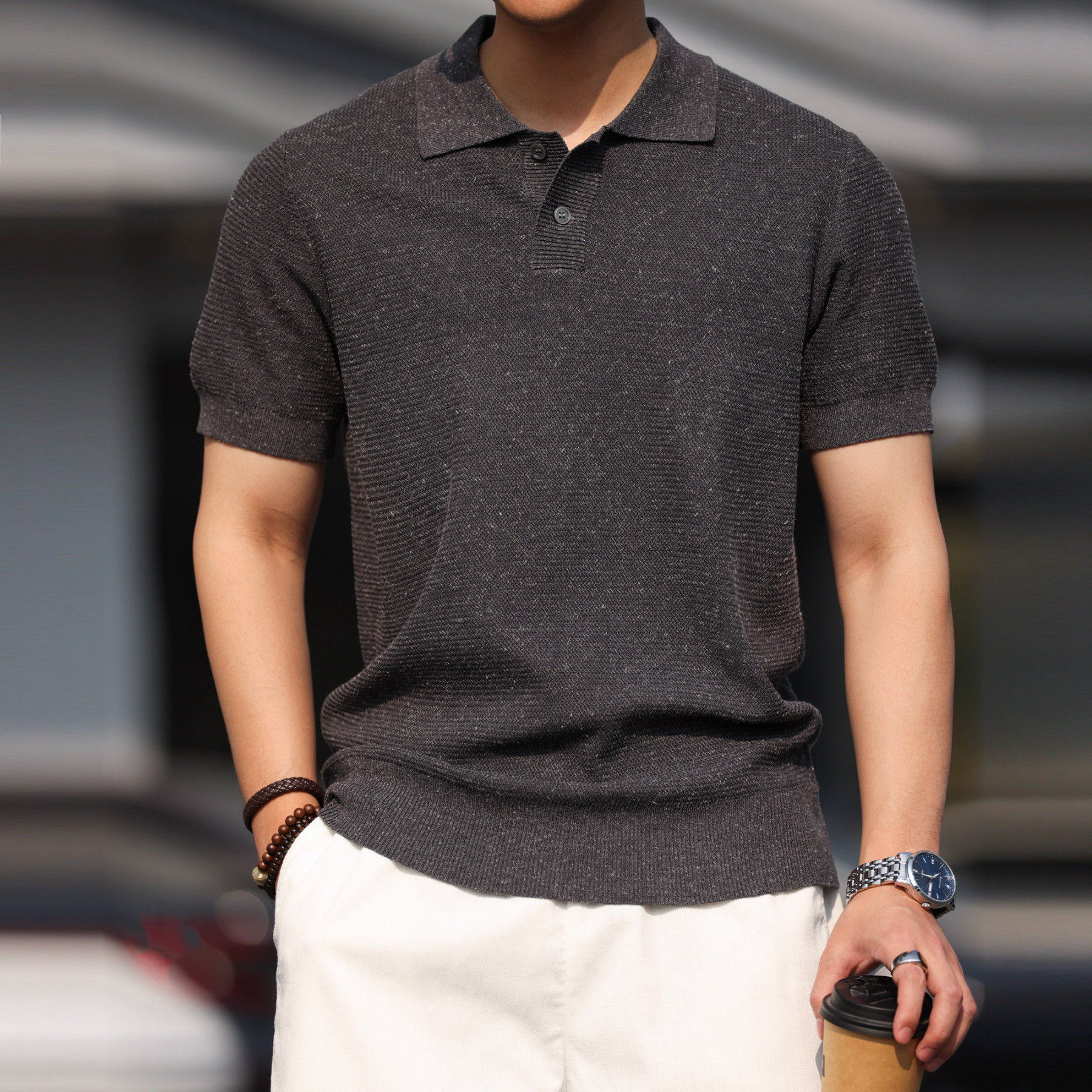 天絲亞麻短袖POLO衫男基礎款透氣休閒萊賽爾針織翻領T恤