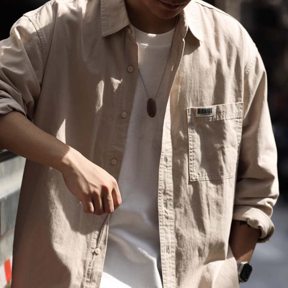 美式休閒簡約純色口袋長袖襯衫男高級感疊穿內搭襯衣外套秋-Retro's Wear