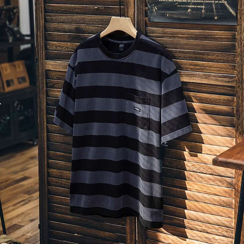 純棉水洗條紋短袖t恤男夏季2025新款美式微寬鬆圓領休閒半袖男