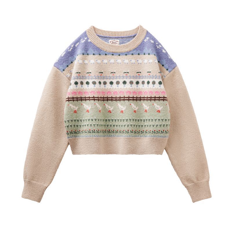 復古費爾島小動物提花毛衣慵懶風套頭圓領內搭針織衫秋季女-Retro's Wear