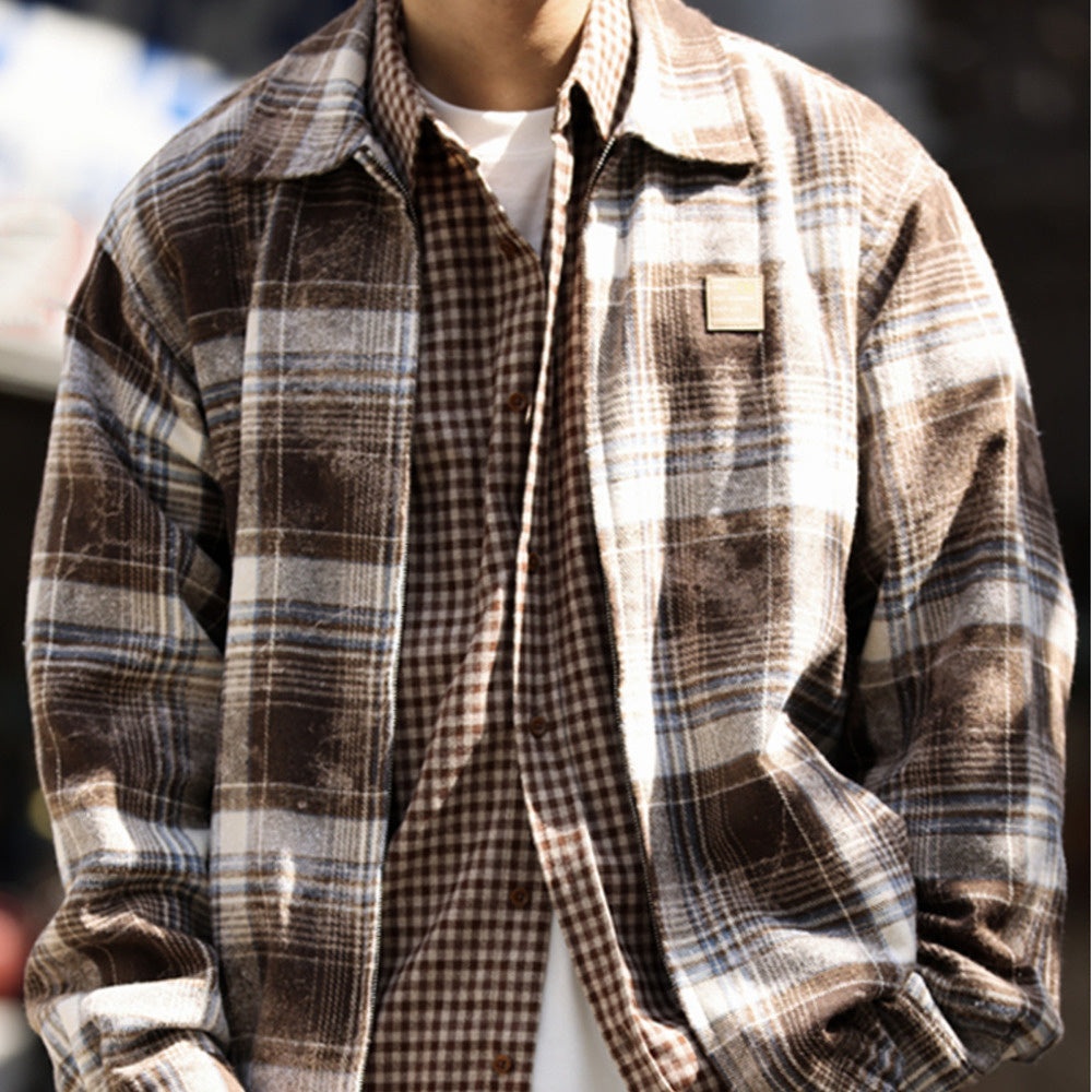 美式水墨暈染格紋夾克男雙向拉鍊寬鬆復古磨毛開衫翻領外套-Retro's Wear