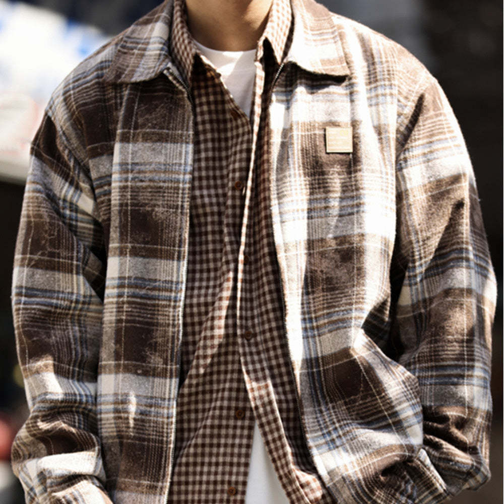美式水墨暈染格紋夾克男雙向拉鍊寬鬆復古磨毛開衫翻領外套-Retro's Wear