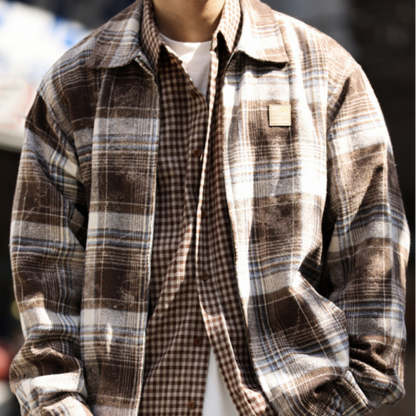 美式水墨暈染格紋夾克男雙向拉鍊寬鬆復古磨毛開衫翻領外套-Retro's Wear