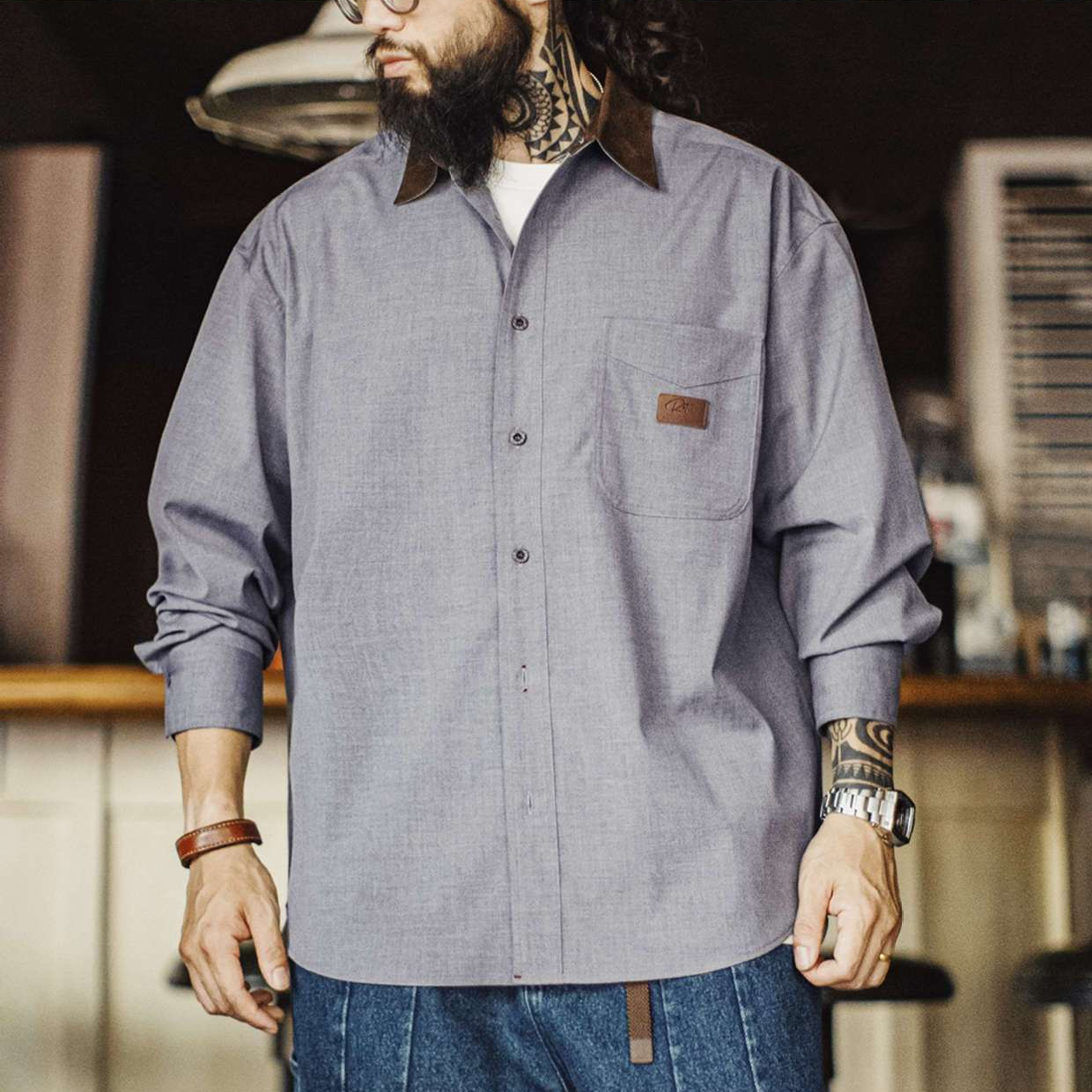 美式休閒燈芯絨拼接襯衫長袖老錢風灰色薄款襯衣外套男秋