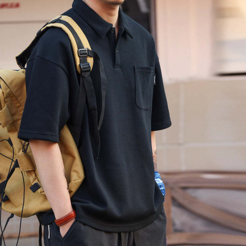 日系休閒340g重磅短袖POLO衫男寬鬆雙珠地口袋翻領上衣