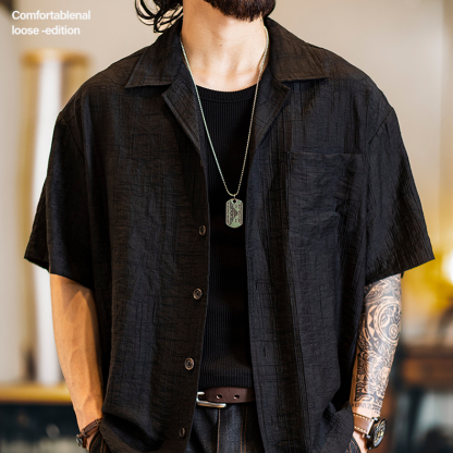 美式古巴領提花短袖襯衫男款夏季2025新款復古萊賽爾天絲t恤男夏