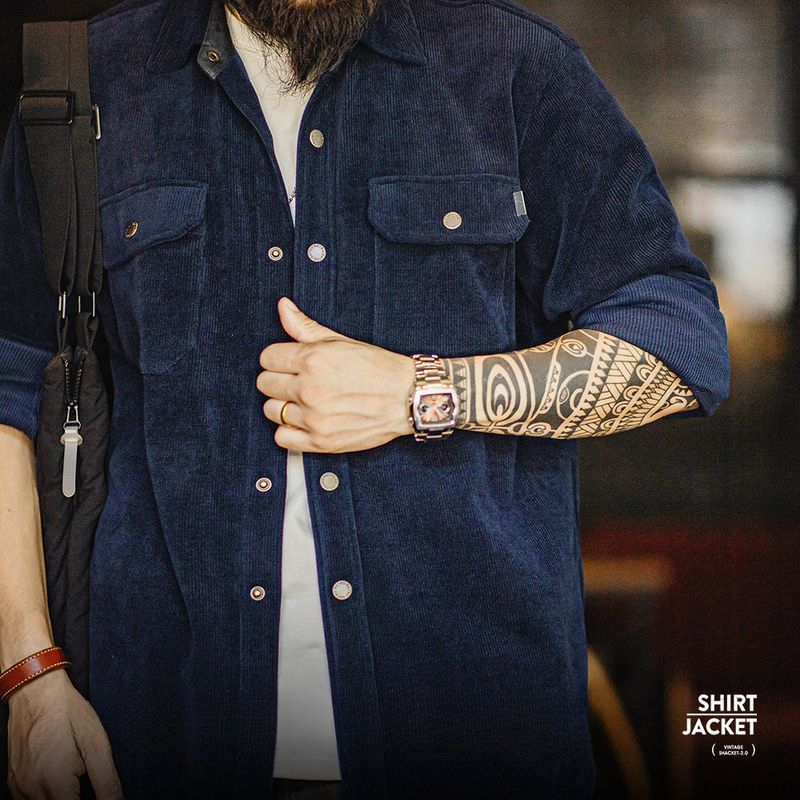 美式復古重磅針織條絨襯衫夾克仿燈芯絨翻領外套男秋冬季-Retro's Wear