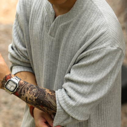 美式高級感提花小V領長袖T恤男330g重磅肌理感疊穿衛衣