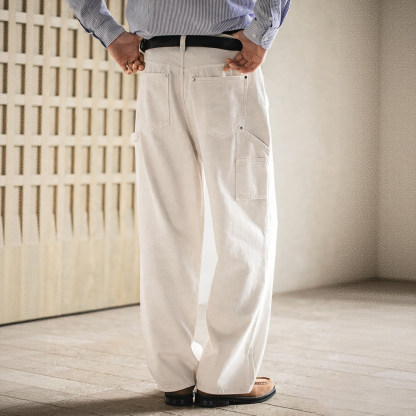 MRA 白色B01伐木工裝水洗牛仔褲純棉直筒多口袋休閒長褲男春秋