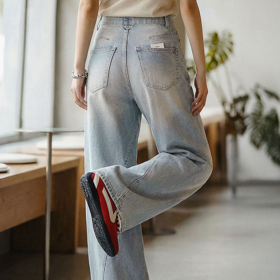 美式復古窄版彎鐮刀水洗做舊牛仔褲直筒闊腿顯瘦長褲子女士春