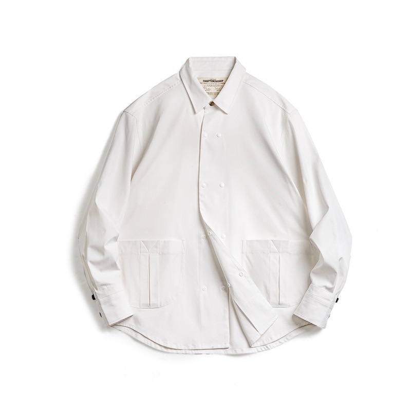 美式休閒人字紋雙排扣長袖襯衫百搭通勤翻領白襯衣男秋季-Retro's Wear