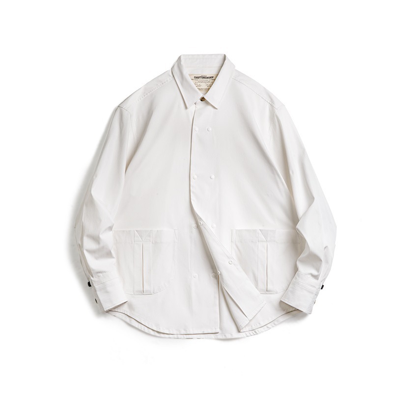 美式休閒人字紋雙排扣長袖襯衫百搭通勤翻領白襯衣男秋季-Retro's Wear